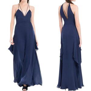 Leon Max 100% Silk Strappy Split Skirt Evening Maxi Gown Women's 12 Navy NWT